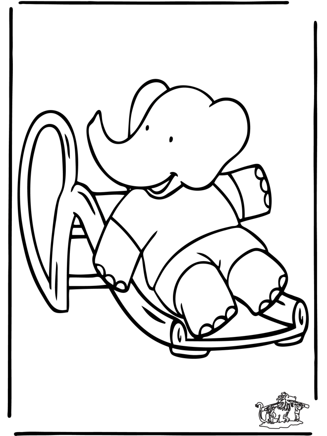 Babar sur le toboggan - Coloriages Babar