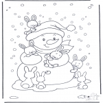 Coloriages hiver - Bonhomme de neige et lapins