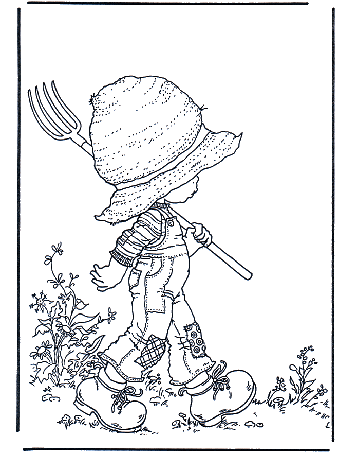 Dans le jardin avec la fourche - Coloriages Sarah Kay