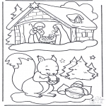 Coloriages Noël - écureuil et crèche de Noël