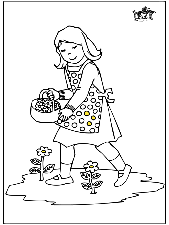 Fille avec fleurs - Coloriages enfants