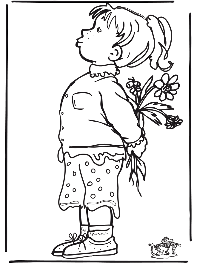 Fille avec les fleurs - Coloriages enfants