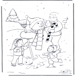 Coloriages hiver - Père avec bonhomme de neige