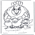 Coloriages d'animaux - Poule avec poussins